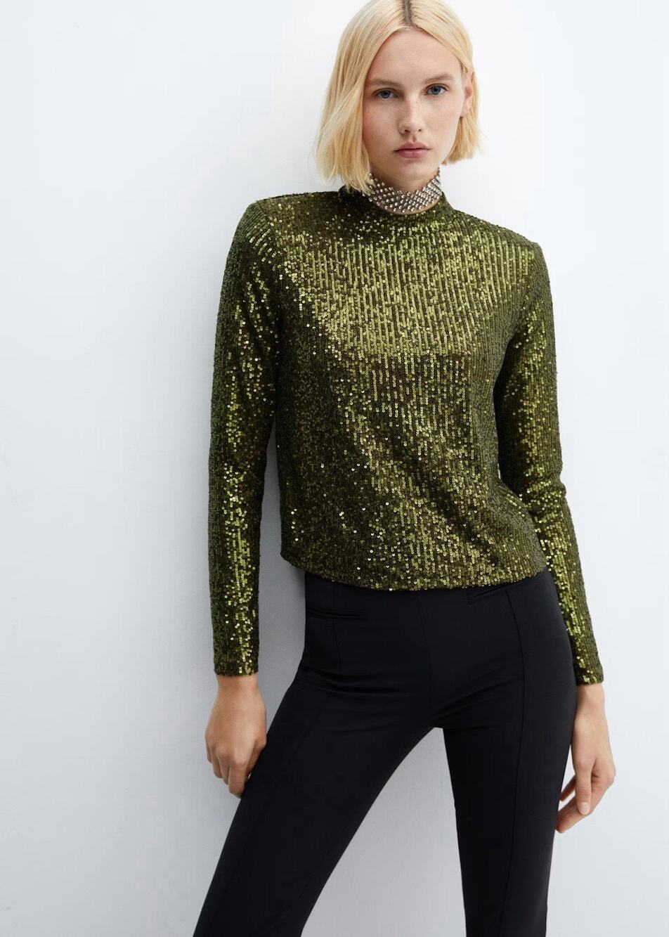 MANGO Lime Sequined Turtleneck Long Sleeve Top Small Glam Festie Minimalist Edge